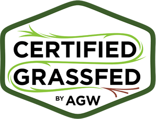 Certified Grassfed by AGW logo featuring a green hexagonal design with stylized grass elements, emphasizing sustainable and ethical farming practices.